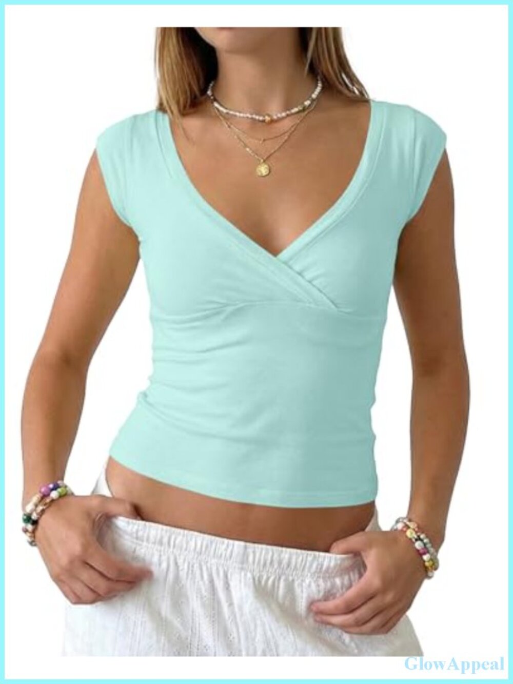 Women's Deep V Neck Wrap Crop Tank Top Cap Sleeve Slim Fit Baby Tee Shirt